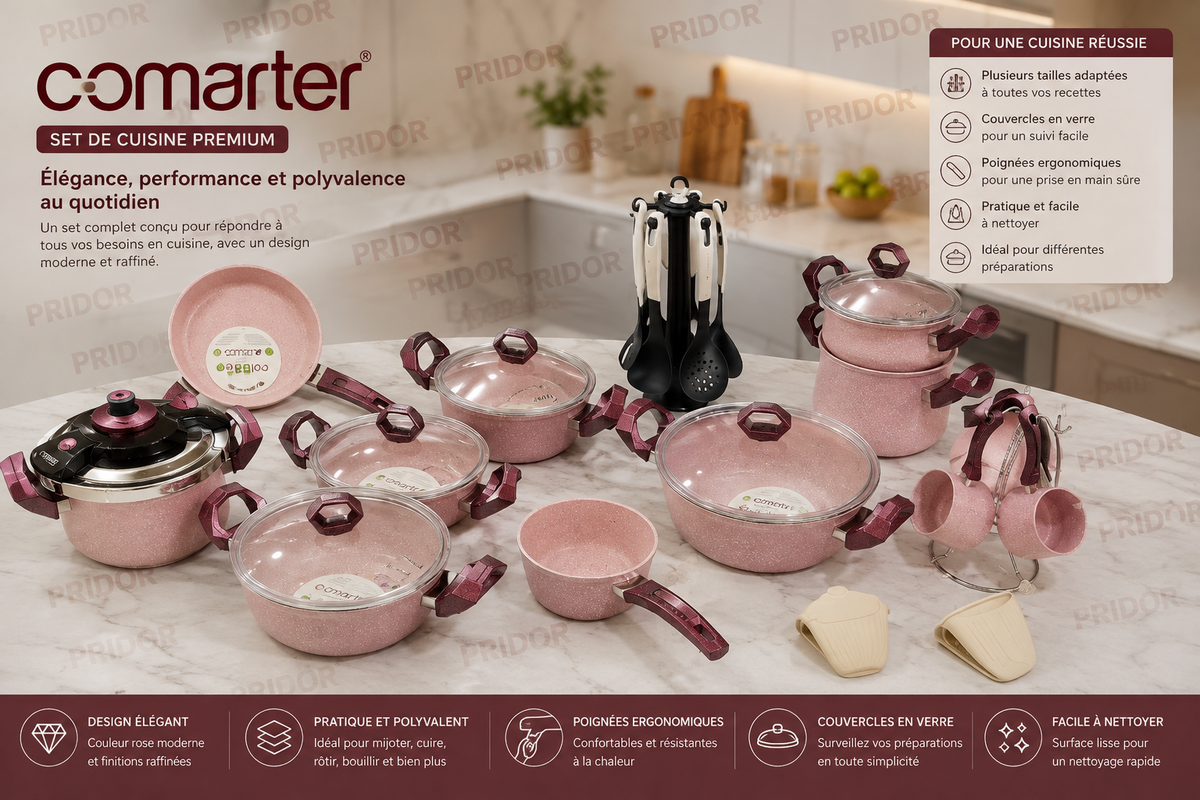 Set de Cuisine Comarter Rose – Batterie Complète avec Couvercles en Verre
