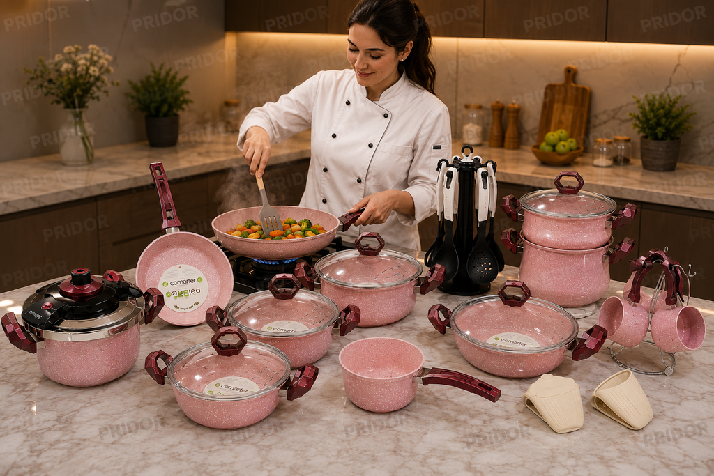 Set de Cuisine Comarter Rose – Batterie Complète avec Couvercles en Verre