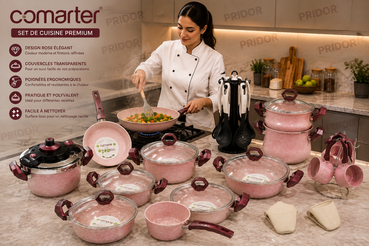 Set de Cuisine Comarter Rose – Batterie Complète avec Couvercles en Verre